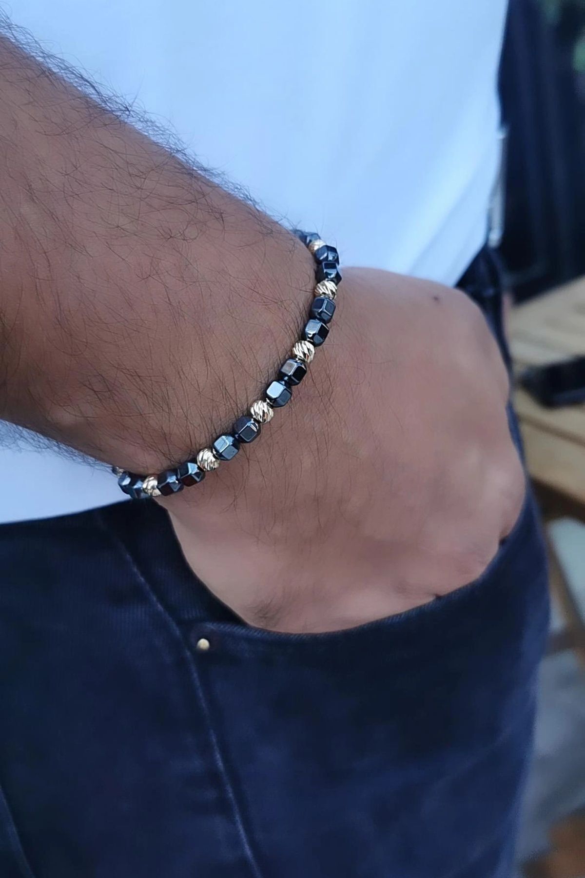 14 AYAR  HEMATİT TAŞLI İPLİ ALTIN BİLEKLİK