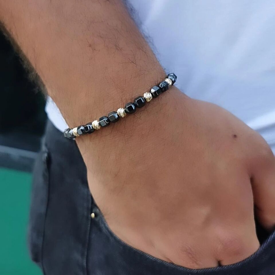 14 AYAR  HEMATİT TAŞLI İPLİ ALTIN BİLEKLİK