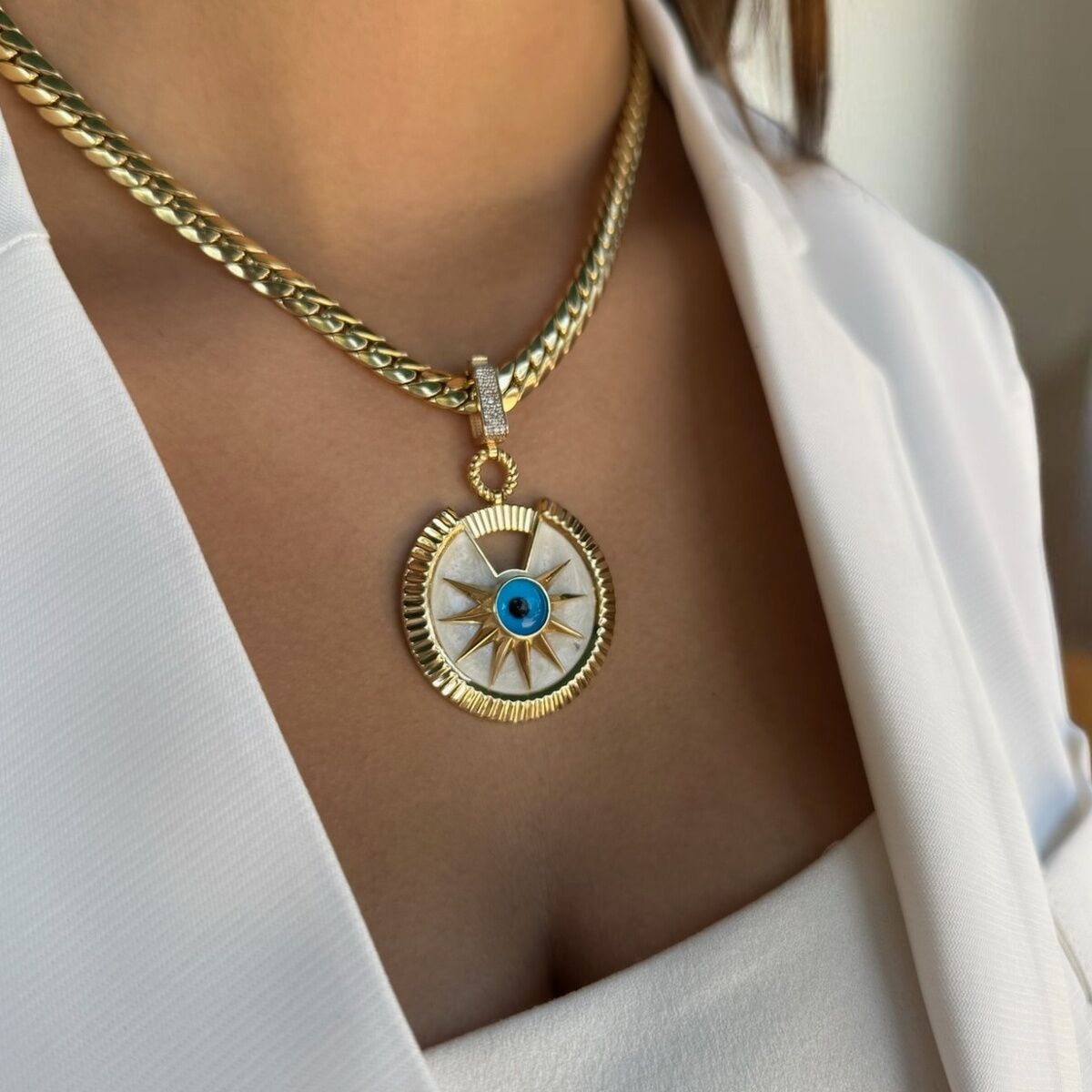 14 AYAR ÖZEL TASARIM MİNELİ GÖZ KOLYE UCU VE İTALYAN KOLYE