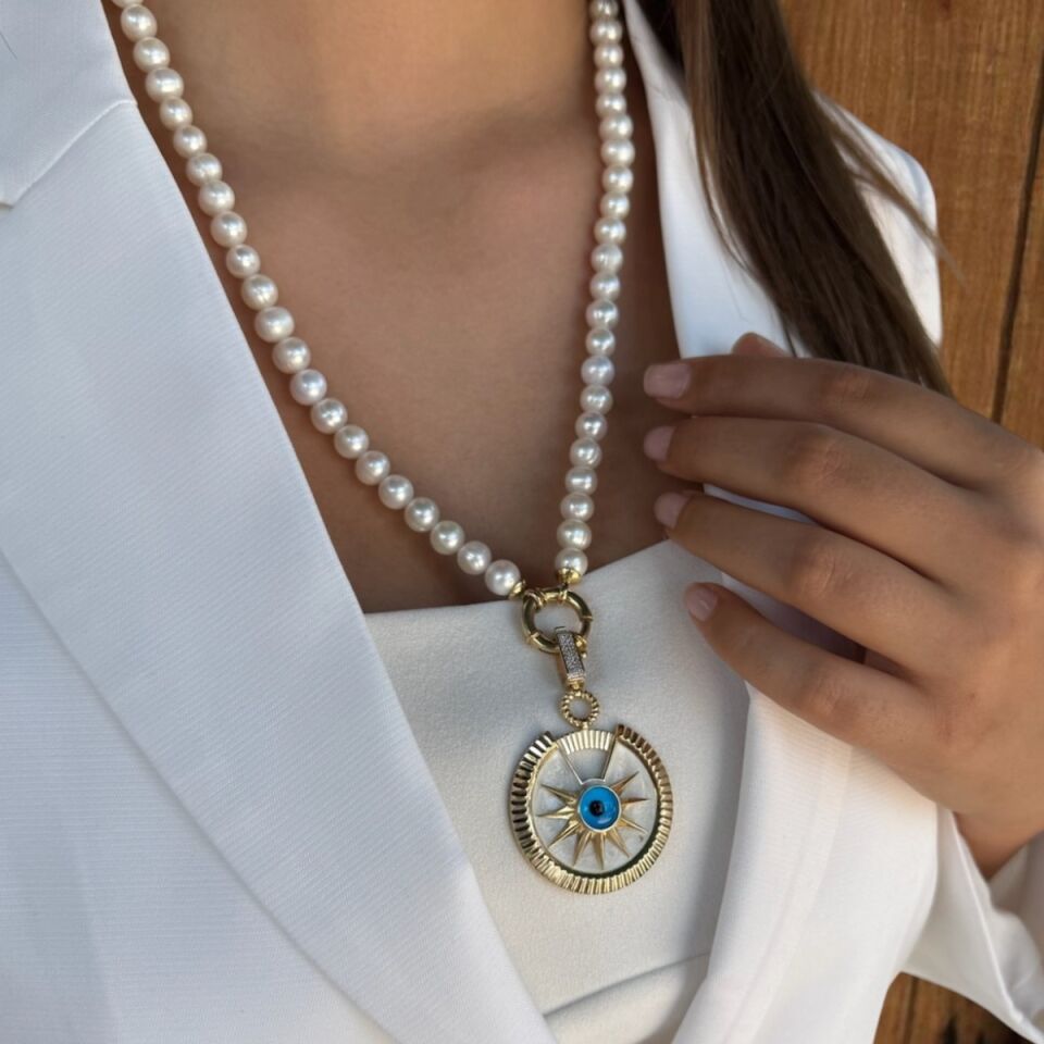 14 AYAR ÖZEL TASARIM GÖZ KOLYE UCU VE İNCİ TASARIM ALTIN KOLYE