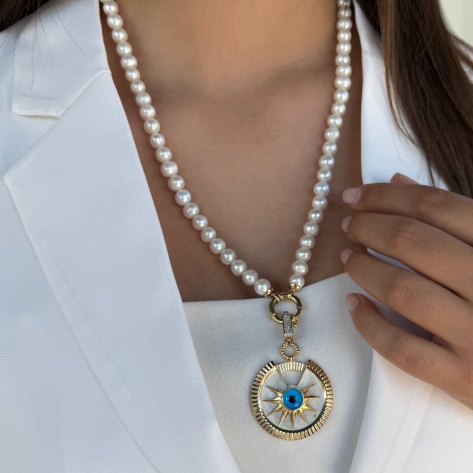 14 AYAR ÖZEL TASARIM GÖZ KOLYE UCU VE İNCİ TASARIM ALTIN KOLYE