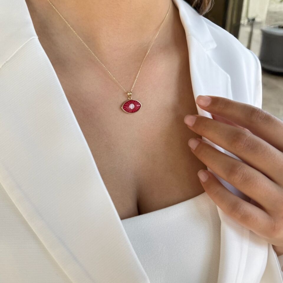 14 AYAR KIRMIZI TAŞLI ÖZEL TASARIM ALTIN KOLYE