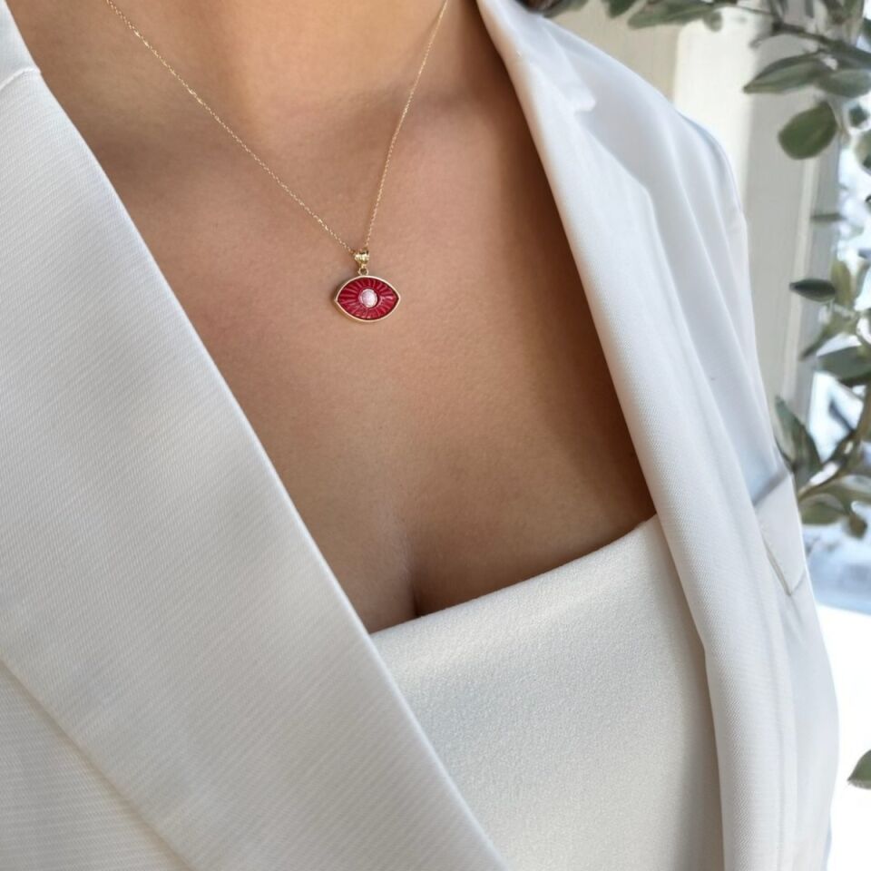 14 AYAR KIRMIZI TAŞLI ÖZEL TASARIM ALTIN KOLYE