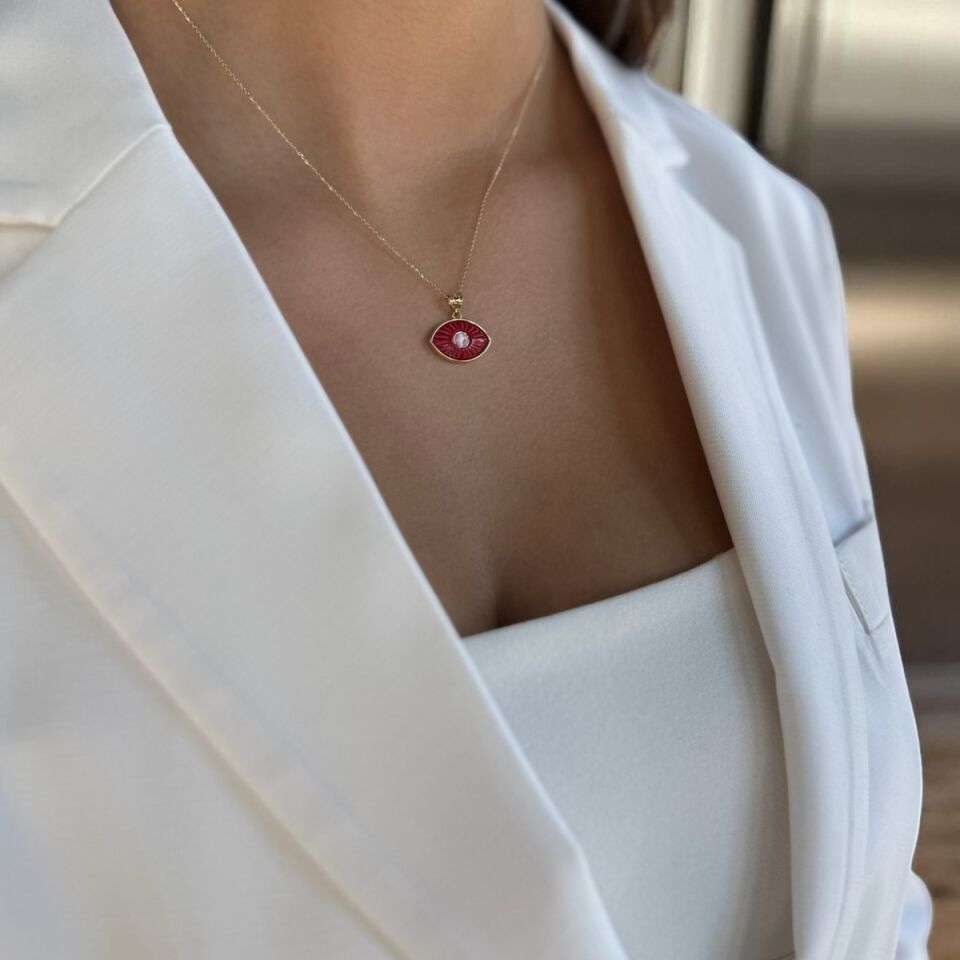 14 AYAR KIRMIZI TAŞLI ÖZEL TASARIM ALTIN KOLYE