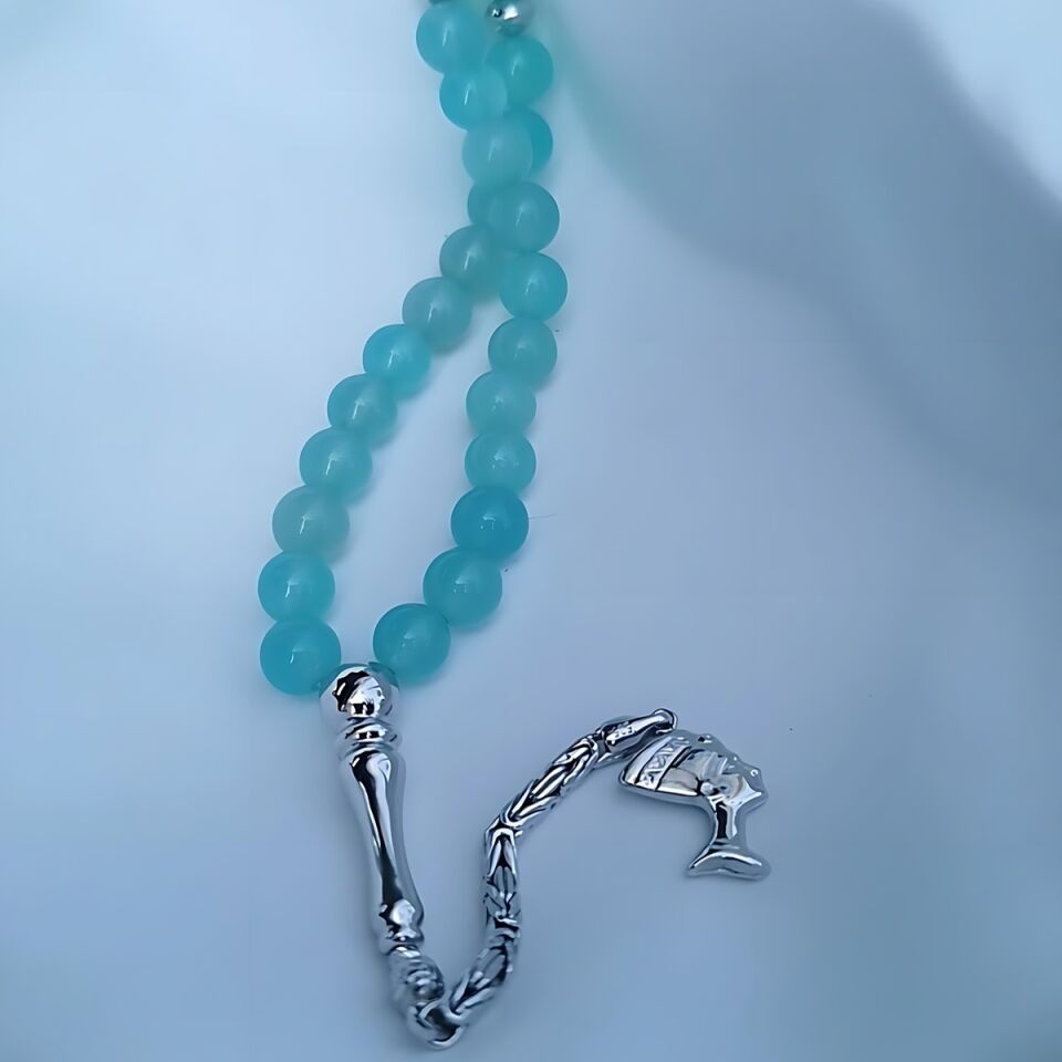 14 AYAR MAVİ AGAT TAŞLI BEYAZ ALTIN NEFERTİTİ UÇLU ALTIN TESBİH