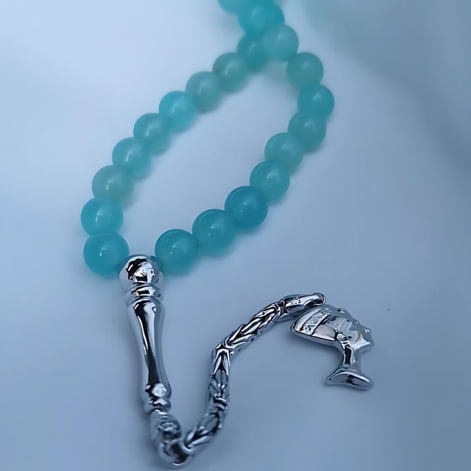 14 AYAR MAVİ AGAT TAŞLI BEYAZ ALTIN NEFERTİTİ UÇLU ALTIN TESBİH