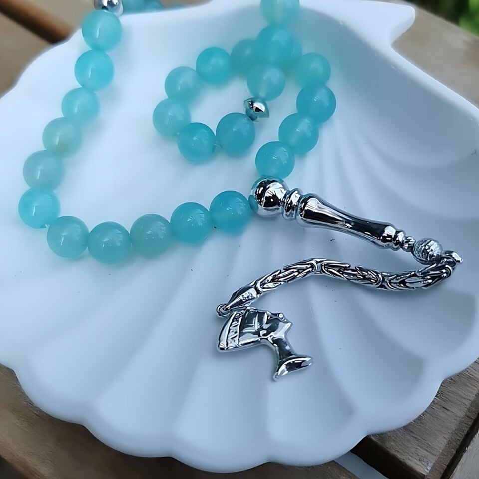 14 AYAR MAVİ AGAT TAŞLI BEYAZ ALTIN NEFERTİTİ UÇLU ALTIN TESBİH