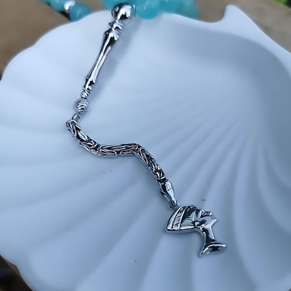 14 AYAR MAVİ AGAT TAŞLI BEYAZ ALTIN NEFERTİTİ UÇLU ALTIN TESBİH