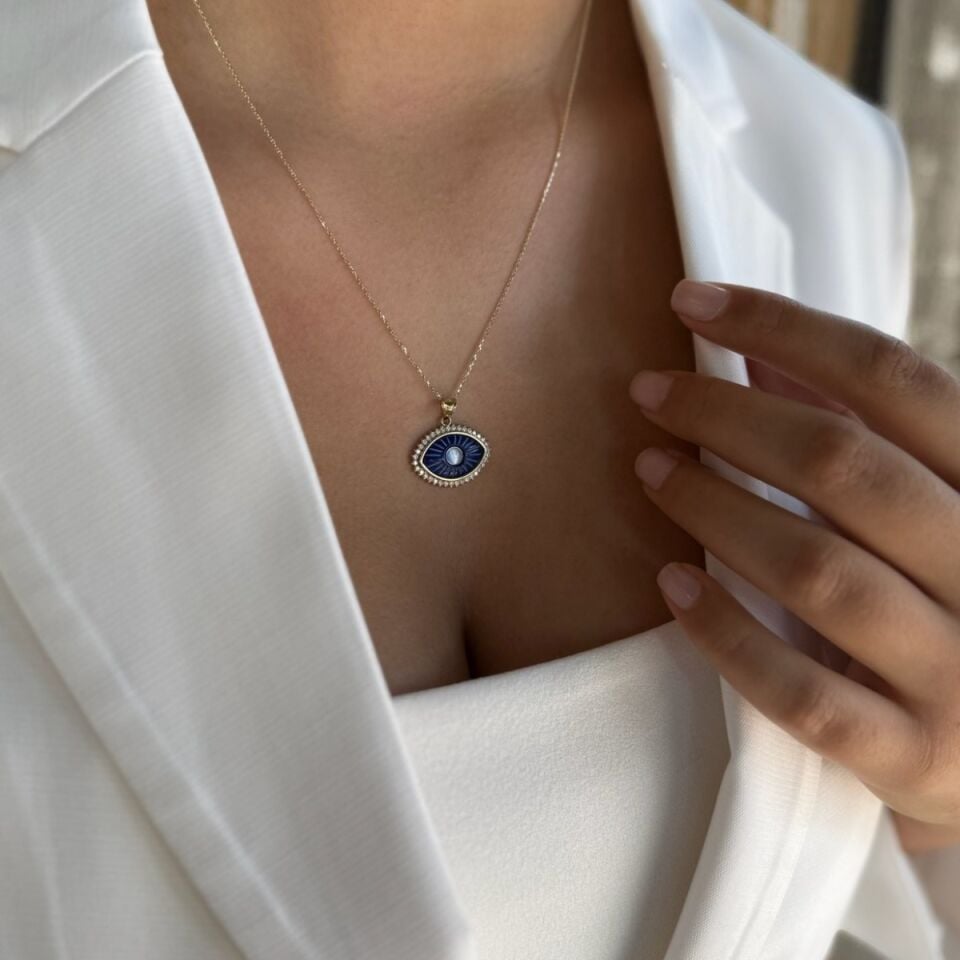 14 AYAR LACİVERT TAŞLI ÖZEL TASARIM ALTIN KOLYE