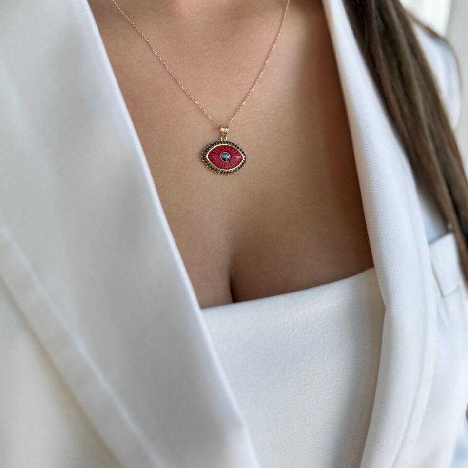 14 AYAR KIRMIZI TAŞLI ÖZEL TASARIM ALTIN KOLYE