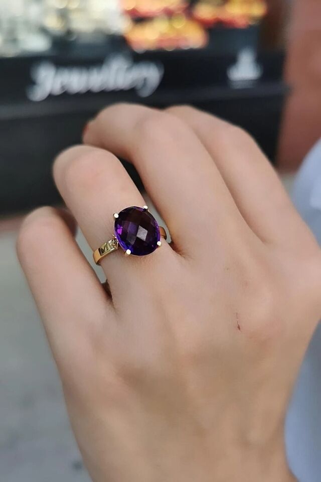 14 Ayar Ametist Kristal Taşlı El Yapımı Altın Yüzük 18