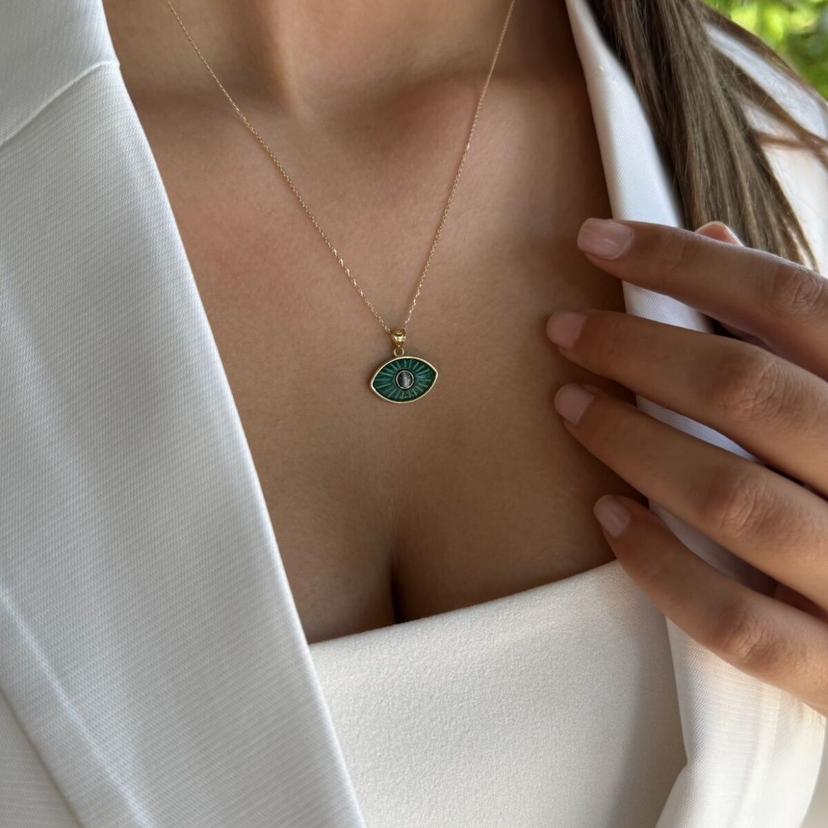 14 AYAR YEŞİL TAŞLI ÖZEL TASARIM ALTIN KOLYE