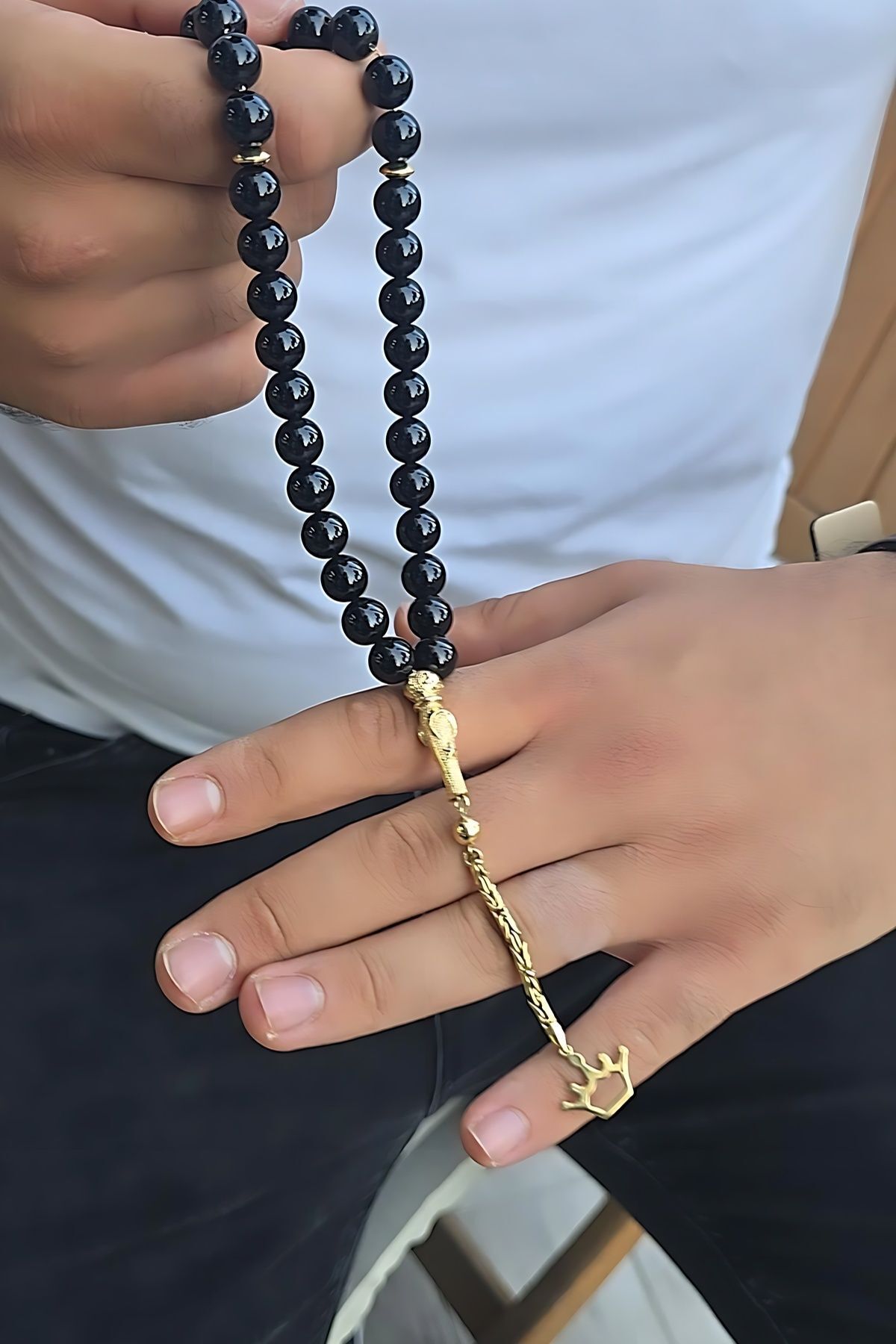 14 AYAR SİYAH ONİKS TAŞLI  ALTIN TESBİH