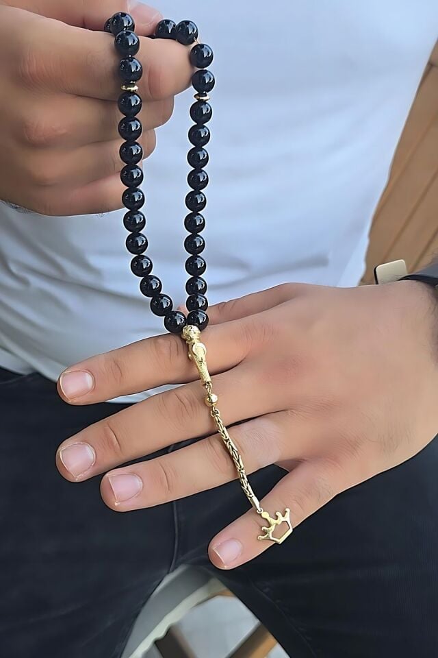 14 AYAR SİYAH ONİKS TAŞLI  ALTIN TESBİH