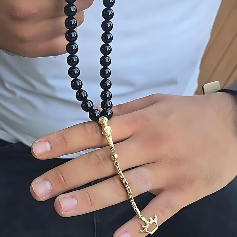 14 AYAR SİYAH ONİKS TAŞLI  ALTIN TESBİH