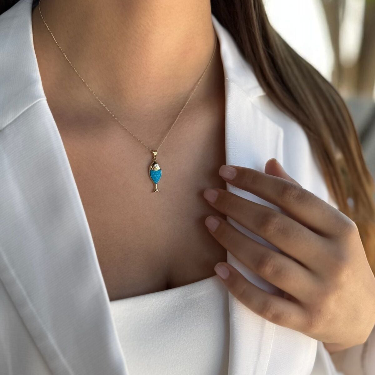 14 AYAR FİRUZE TAŞLI BALIK KOLYE