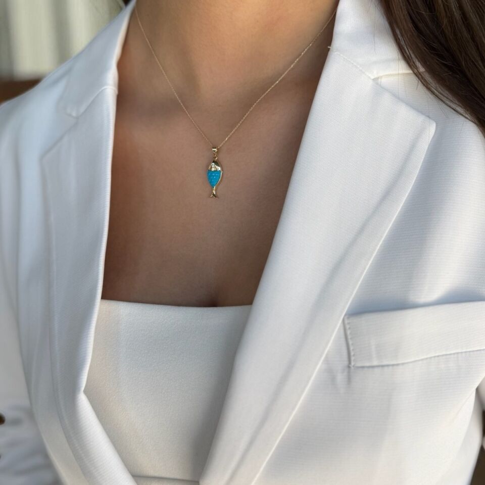 14 AYAR FİRUZE TAŞLI BALIK KOLYE