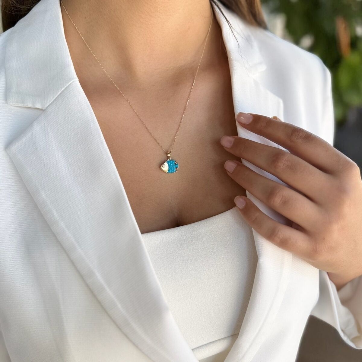 14 AYAR ÖZEL TASARIM FİRUZE TAŞLI BALIK KOLYE