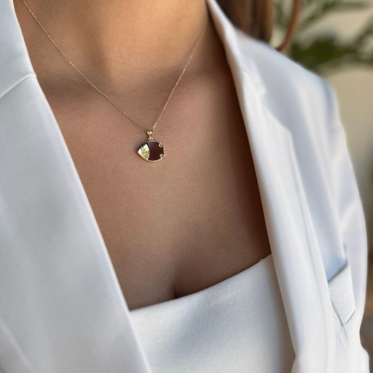 14 AYAR ÖZEL TASARIM BORDO MİNELİ BALIK KOLYE