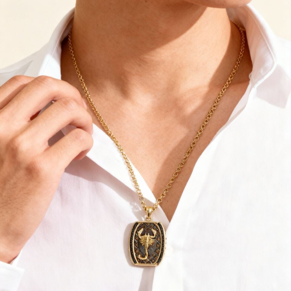 14 AYAR DOC ZİNCİRLİ ÖZEL TASARIM AKREP KOLYE UÇLU İTALYAN ALTIN KOLYE