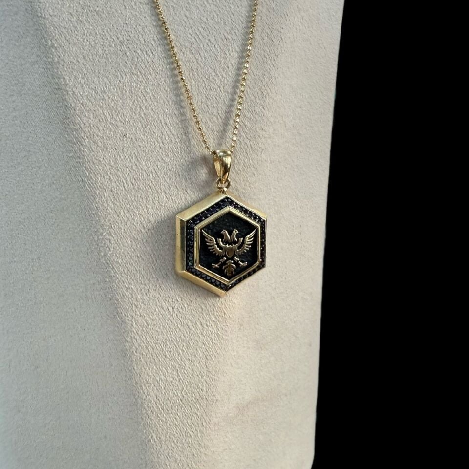 14 AYAR ÖZEL TASARIM İTALYAN TOPTOP ZİNCİRLİ ÇİFT BAŞLI KARTAL KOLYE UÇLU ALTIN KOLYE