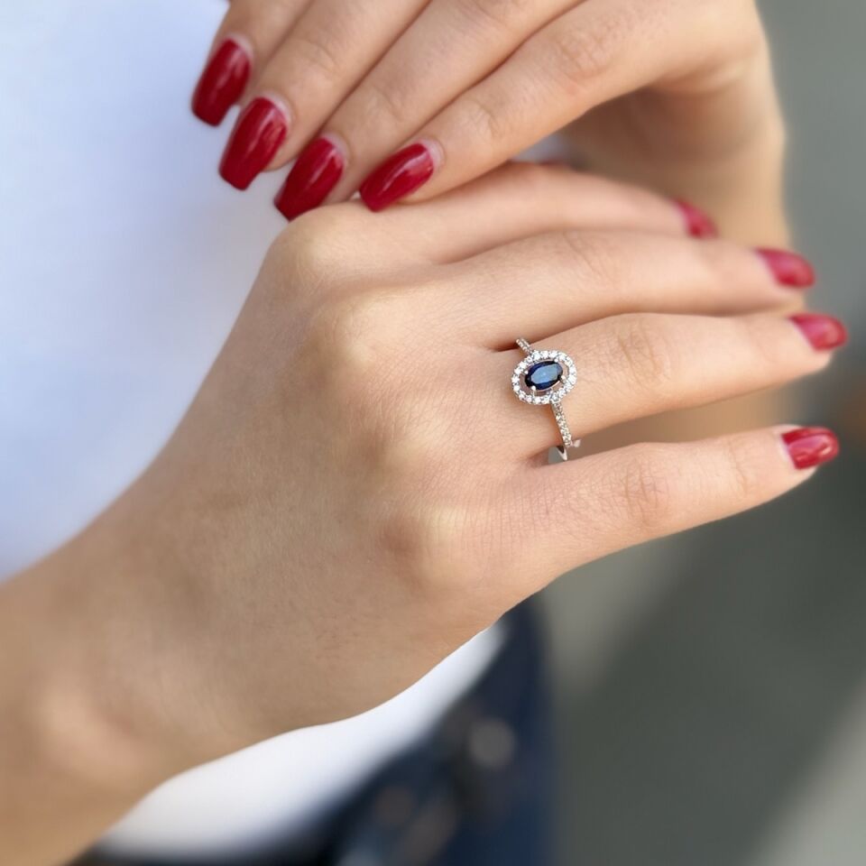 14 AYAR 0,64 CT SAFİR TAŞLI 0,36 CT PIRLANTA TAŞLI YÜZÜK