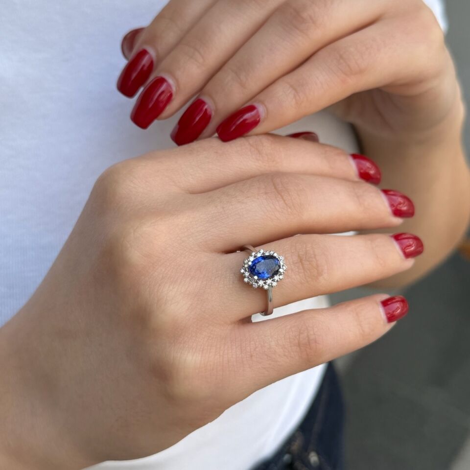 14 AYAR 1,75 CT SAFİR TAŞLI 0,22 CT PIRLANTA TAŞLI YÜZÜK