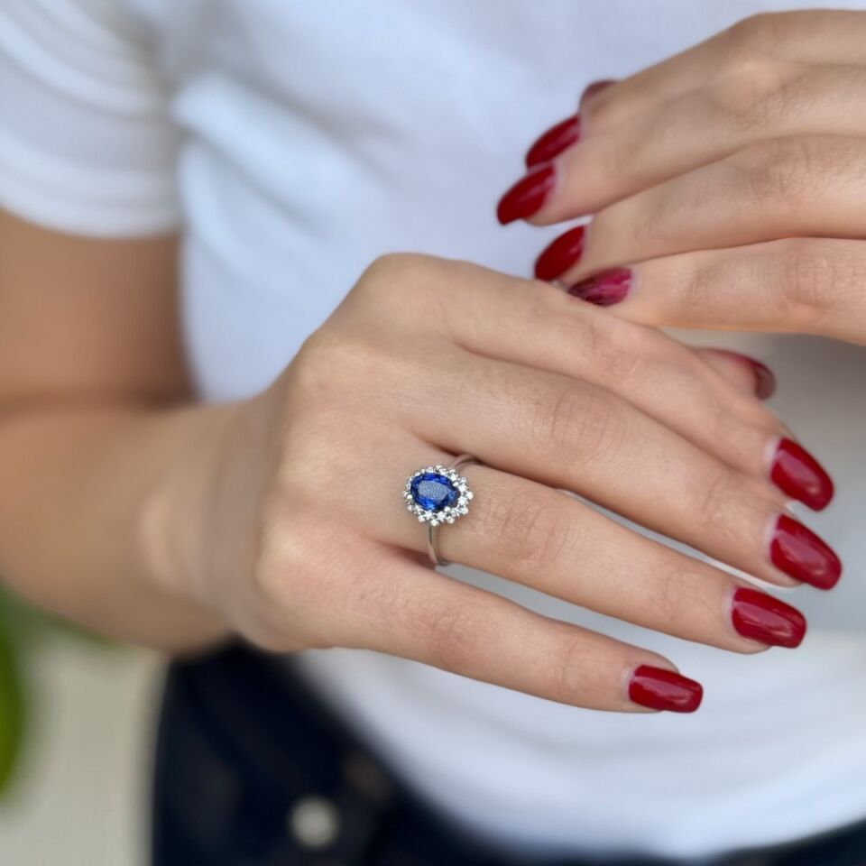 14 AYAR 1,75 CT SAFİR TAŞLI 0,22 CT PIRLANTA TAŞLI YÜZÜK