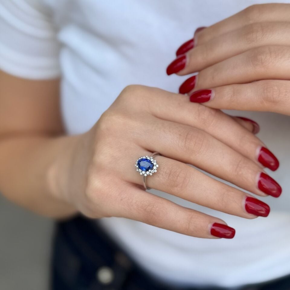 14 AYAR 1,75 CT SAFİR TAŞLI 0,22 CT PIRLANTA TAŞLI YÜZÜK