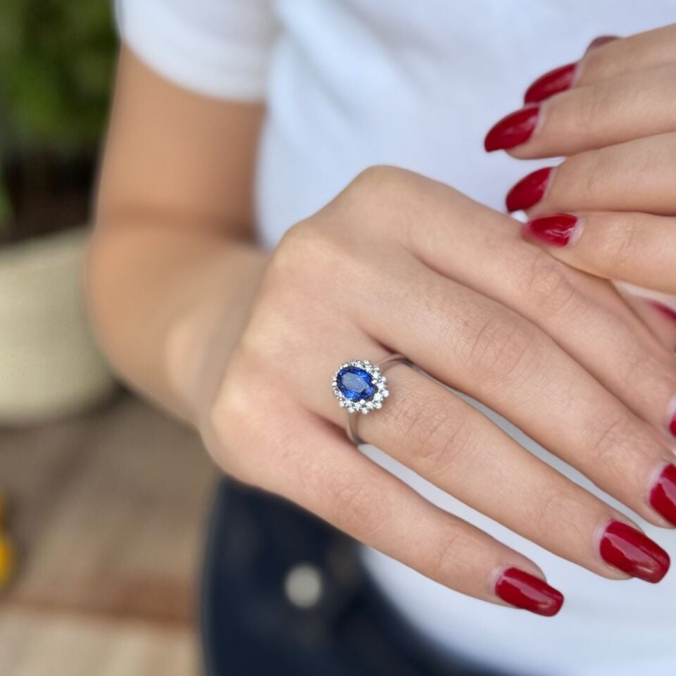 14 AYAR 1,75 CT SAFİR TAŞLI 0,22 CT PIRLANTA TAŞLI YÜZÜK