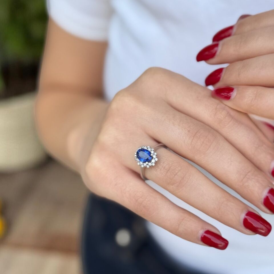 14 AYAR 1,75 CT SAFİR TAŞLI 0,22 CT PIRLANTA TAŞLI YÜZÜK