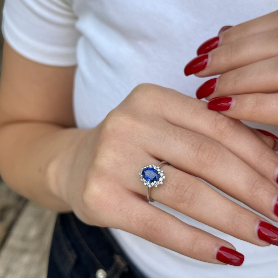 14 AYAR 1,75 CT SAFİR TAŞLI 0,22 CT PIRLANTA TAŞLI YÜZÜK