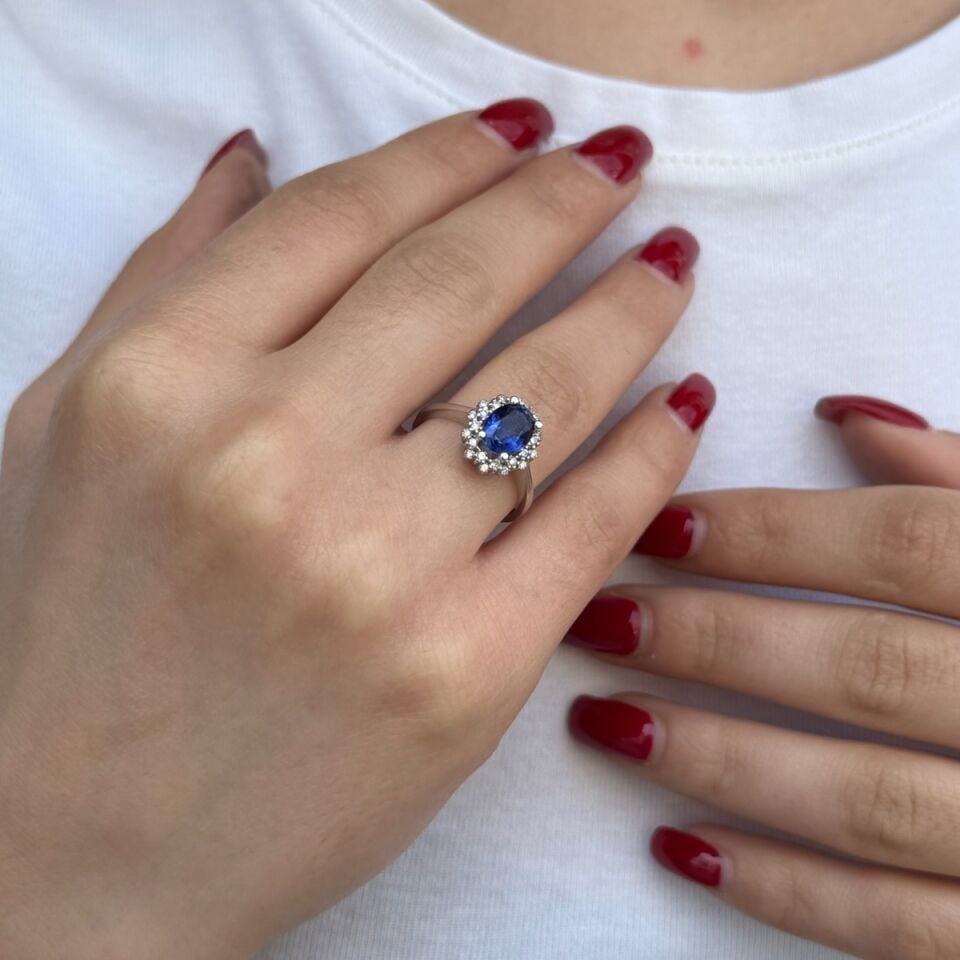 14 AYAR 1,75 CT SAFİR TAŞLI 0,22 CT PIRLANTA TAŞLI YÜZÜK