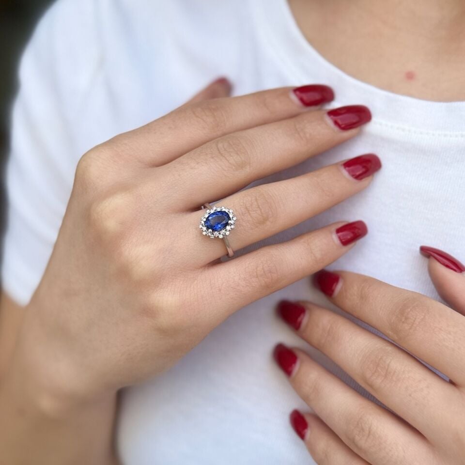 14 AYAR 1,75 CT SAFİR TAŞLI 0,22 CT PIRLANTA TAŞLI YÜZÜK