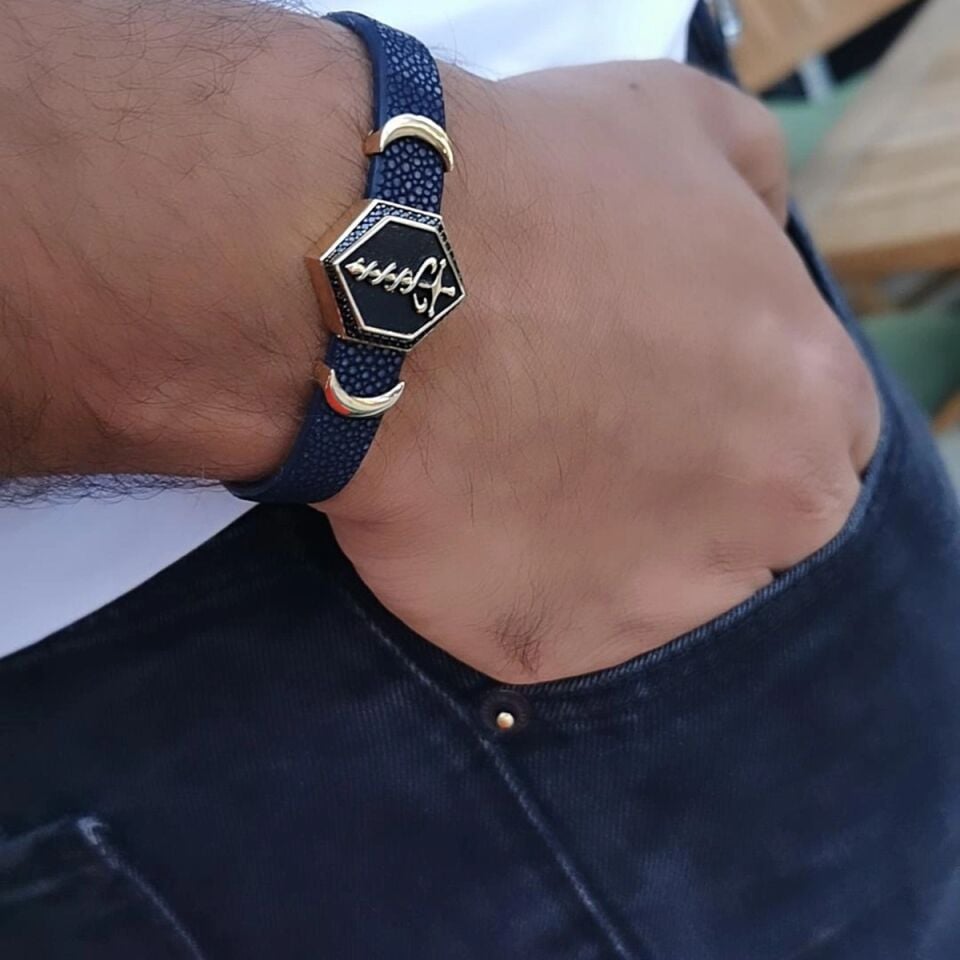 14 Ayar Lacivert Vatoz Derisi Üzerine Altin Tasarim Şifa Meleği Erkek Bileklik