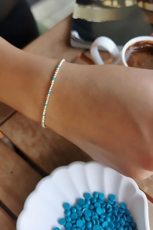 14 AYAR TURKUAZ RENGİ TAŞLI İTALYAN DORİKA TOPLU ALTIN BİLEKLİK