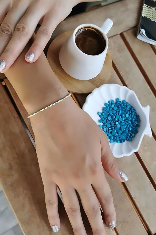 14 AYAR TURKUAZ RENGİ TAŞLI İTALYAN DORİKA TOPLU ALTIN BİLEKLİK