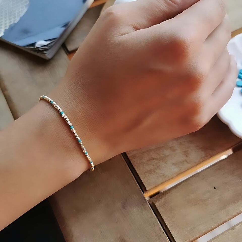 14 AYAR TURKUAZ RENGİ TAŞLI İTALYAN DORİKA TOPLU ALTIN BİLEKLİK