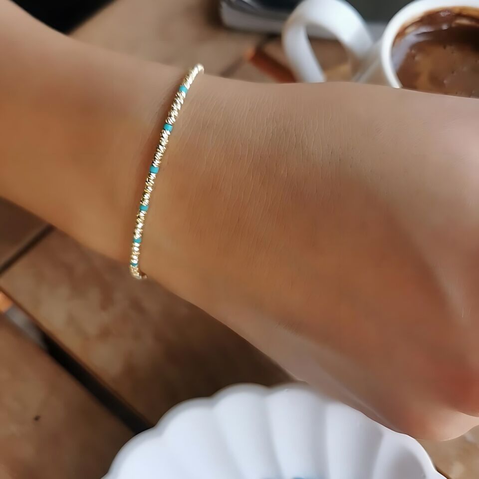 14 AYAR TURKUAZ RENGİ TAŞLI İTALYAN DORİKA TOPLU ALTIN BİLEKLİK