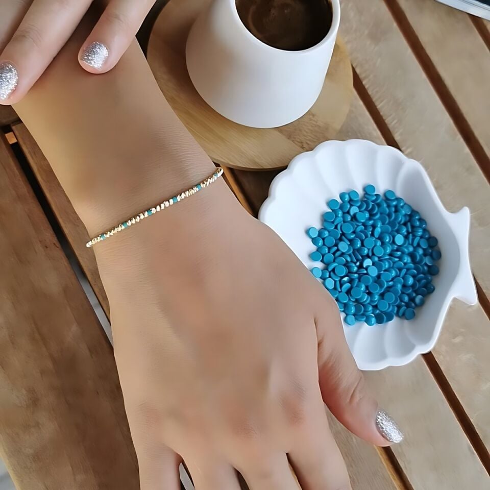 14 AYAR TURKUAZ RENGİ TAŞLI İTALYAN DORİKA TOPLU ALTIN BİLEKLİK