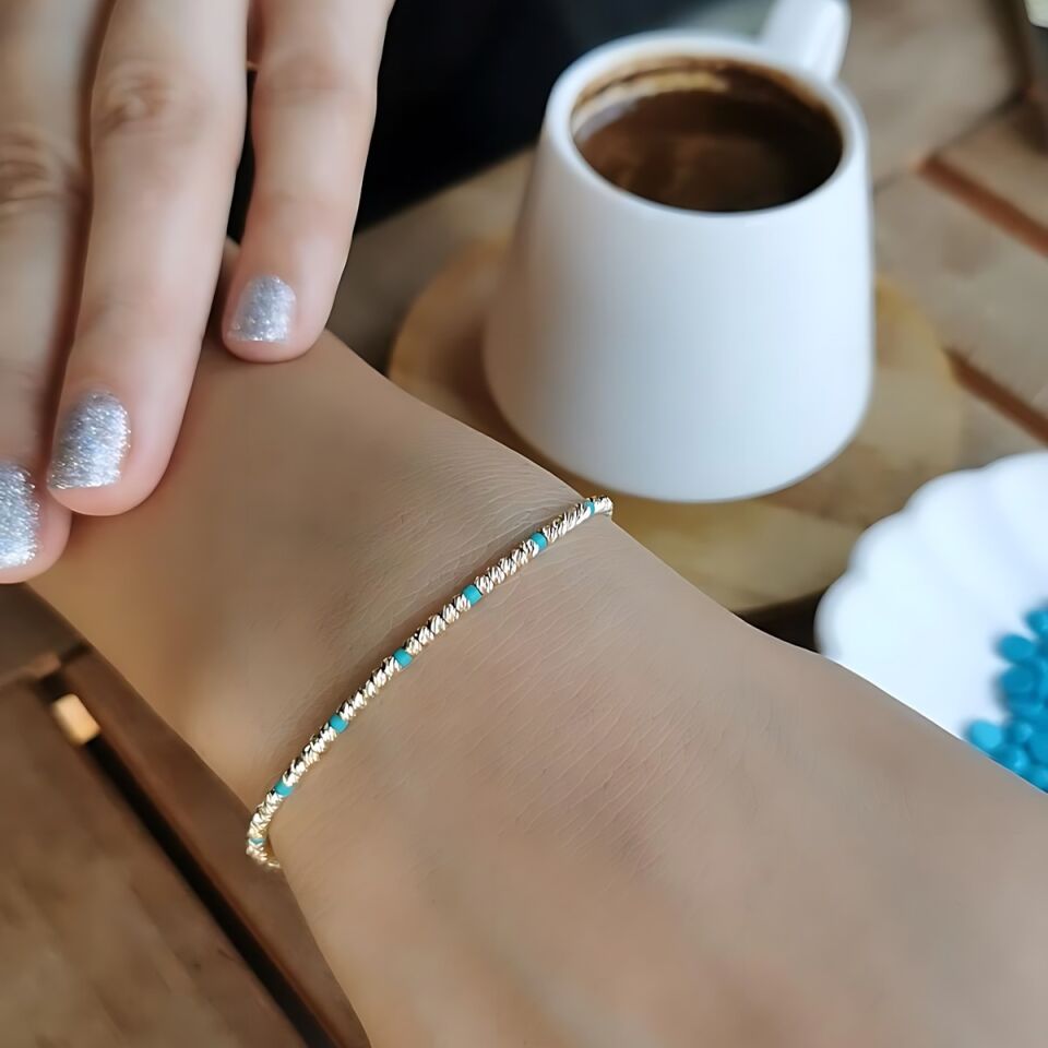 14 AYAR TURKUAZ RENGİ TAŞLI İTALYAN DORİKA TOPLU ALTIN BİLEKLİK