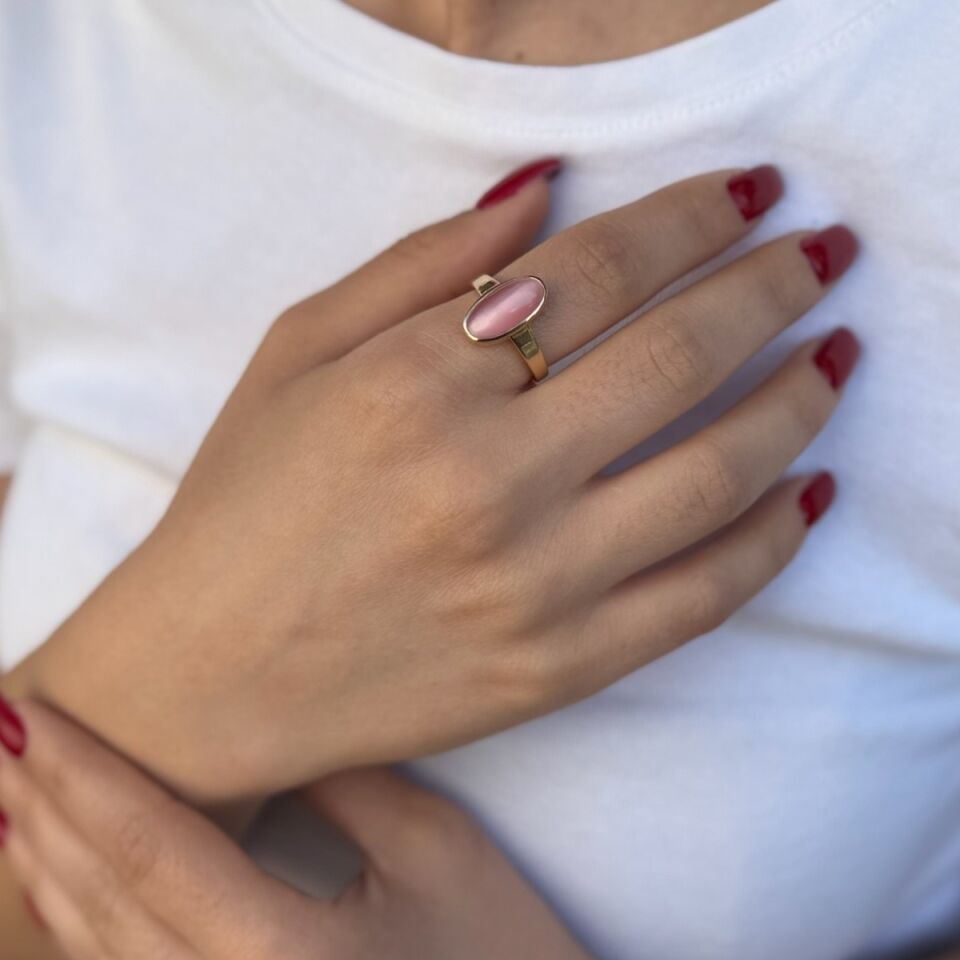 14 AYAR ÖZEL TASARIM SOFT PEMBE KEDİGÖZÜ TAŞLI VİNTAGE YÜZÜK