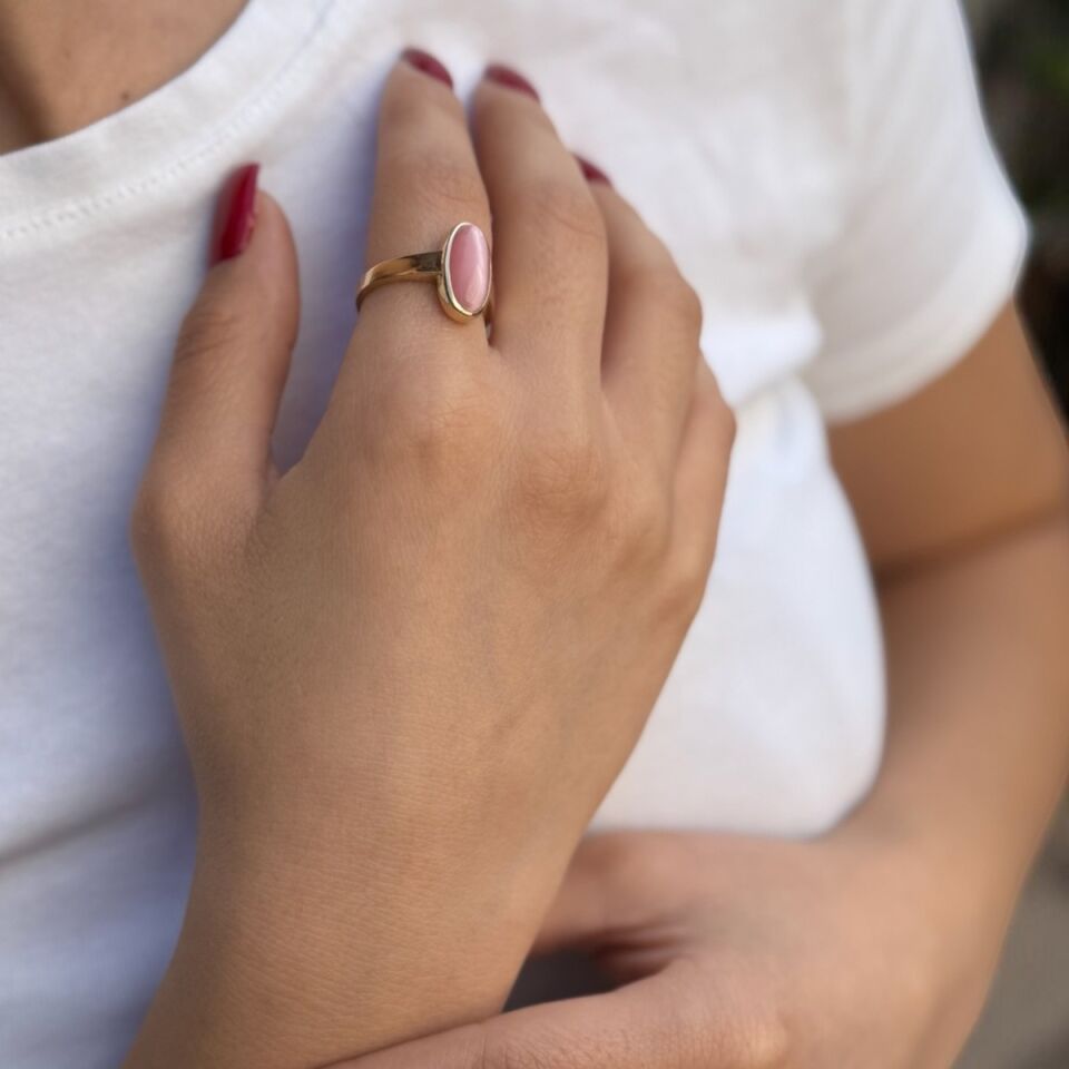 14 AYAR ÖZEL TASARIM SOFT PEMBE KEDİGÖZÜ TAŞLI VİNTAGE YÜZÜK