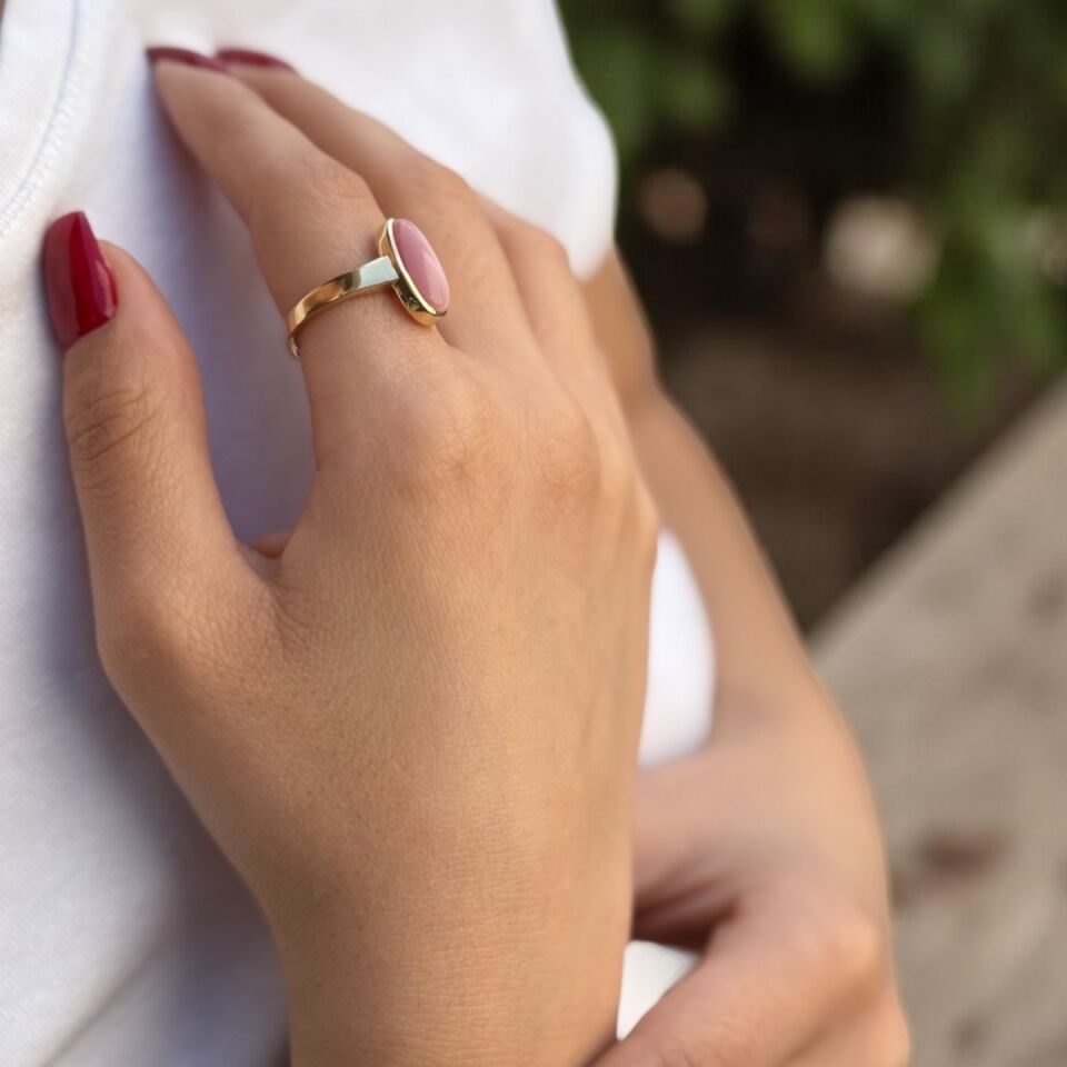 14 AYAR ÖZEL TASARIM SOFT PEMBE KEDİGÖZÜ TAŞLI VİNTAGE YÜZÜK