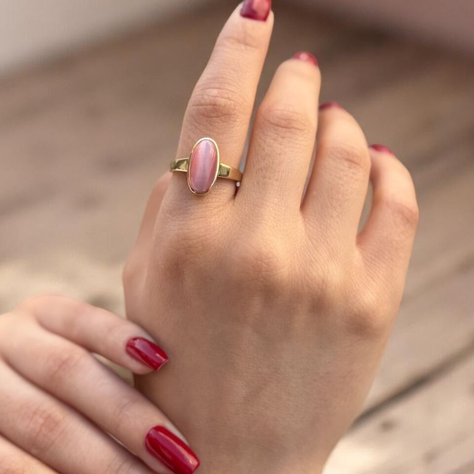 14 AYAR ÖZEL TASARIM SOFT PEMBE KEDİGÖZÜ TAŞLI VİNTAGE YÜZÜK