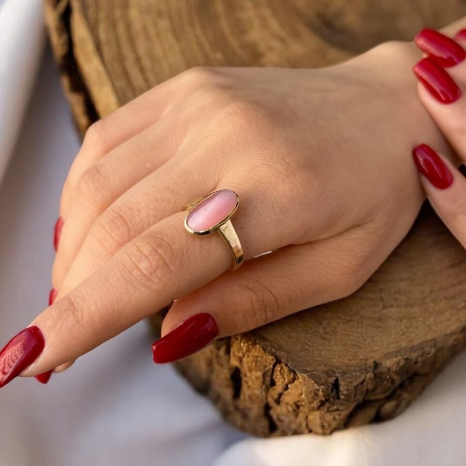 14 AYAR ÖZEL TASARIM SOFT PEMBE KEDİGÖZÜ TAŞLI VİNTAGE YÜZÜK