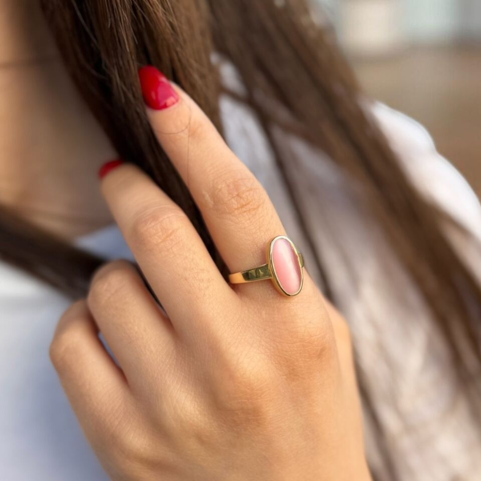 14 AYAR ÖZEL TASARIM SOFT PEMBE KEDİGÖZÜ TAŞLI VİNTAGE YÜZÜK