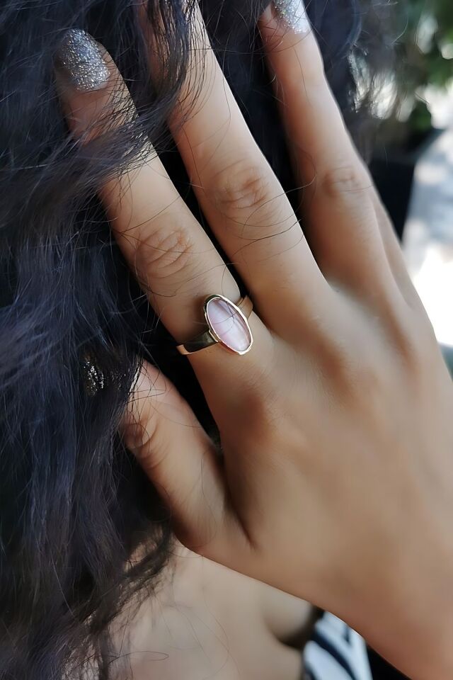 14 AYAR ÖZEL TASARIM SOFT PEMBE KEDİGÖZÜ TAŞLI VİNTAGE YÜZÜK 16