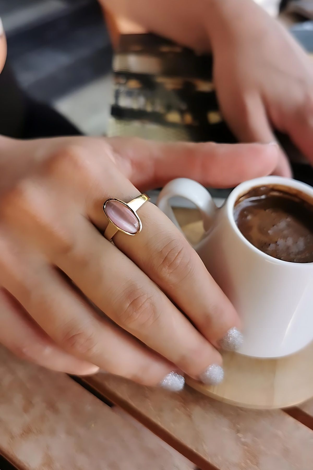 14 AYAR ÖZEL TASARIM SOFT PEMBE KEDİGÖZÜ TAŞLI VİNTAGE YÜZÜK 18