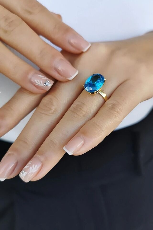 14 AYAR BLUE TOPAZ KRİSTAL TAŞLI ALTIN YÜZÜK 16
